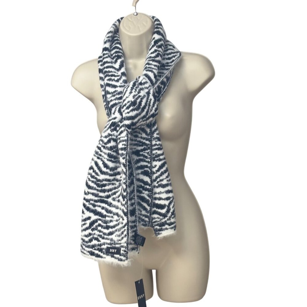 DKNY Fuzzy Animal Print Knit Scarf , Black/ White 12"x67"